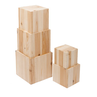 Holzboxen, quadratisch 5Stck./Satz, ineinander passend, quadratisch     Groesse:20cm, 18cm, 16cm, 14cm, 12cm    Farbe:natur