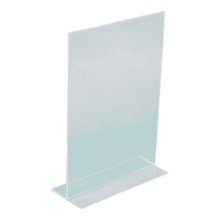 T-stand portrait format, plexiglass     Size: A4, 30x21x6cm    Color: clear