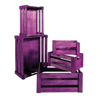 Crates wood, 5 pcs./set, nested     Size: from 37x28.5x15.5cm to 21x12.5x9.5 cm    Color: violet wiped