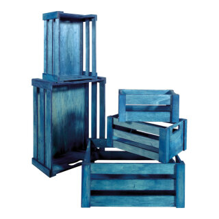 Crates wood, 5 pcs./set, nested     Size: from 37x28.5x15.5cm to 21x12.5x9.5 cm    Color: blue wiped