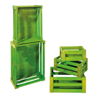 Crates wood, 5 pcs./set, nested     Size: from 37x28.5x15.5cm to 21x12.5x9.5 cm    Color: green wiped