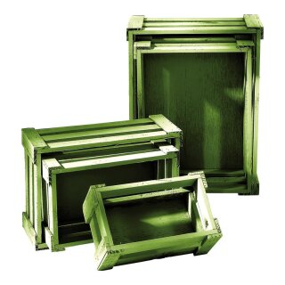 Crates wood, 5 pcs./set, nested     Size: from 37x28.5x15.5cm to 21x12.5x9.5 cm    Color: dark green