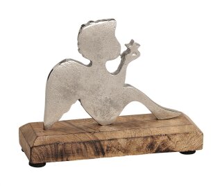 Engel aus Metall auf Sockel aus Mango Holz, Größe:15x12x5 cm Farbe:Siber/Holz natur