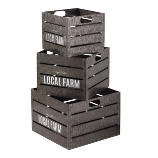 Metallkiste 3er-Set, mit Schriftzug »Local Farm«     Groesse: 27x27x23cm-40x40x28cm    Farbe: silber/weiß