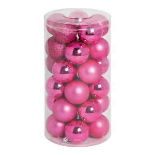 30 Weihnachtskugeln, cerise 12x glänzend, 12x matt, 6x beglittert Abmessung: Ø 6cm Farbe: cerise   Info: SCHWER ENTFLAMMBAR