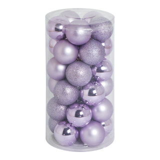 30 Weihnachtskugeln, flieder 12x glänzend, 12x matt, 6x beglittert     Groesse: Ø 6cm    Farbe: flieder