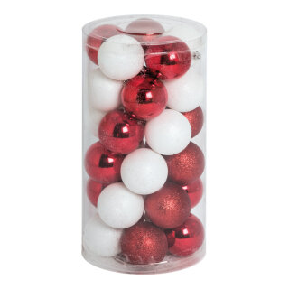 Weihnachtskugel-Set Kunststoff 12x rot glänzend, 12x weiß glänzend, 6x rot beglittert Größe:Ø 6cm,  Farbe: rot/weiß