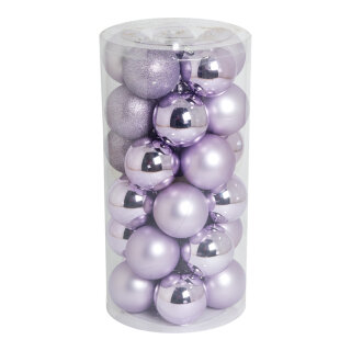 30 Weihnachtskugeln, flieder 12x glänzend, 12x matt, 6x beglittert     Groesse: Ø 8cm    Farbe: flieder