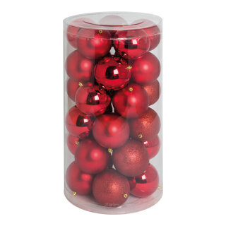 30 Weihnachtskugeln 12x glänzend, 12x matt, 6x beglittert     Groesse:Ø 10cm    Farbe:rote   Info: SCHWER ENTFLAMMBAR