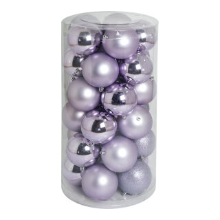 30 Weihnachtskugeln, flieder 12x glänzend, 12x matt, 6x beglittert     Groesse: Ø 10cm    Farbe: flieder