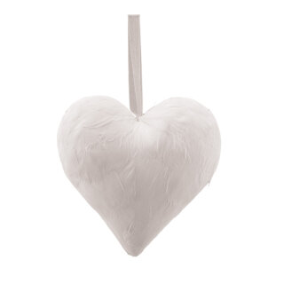 Heart with hanger covered with feathers, made of hard foam H: 15cm Color: white