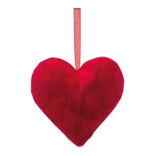 Heart with hanger covered with feathers, made of hard foam H: 15cm Color: red