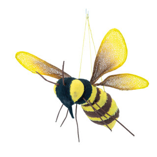 Bee with hanger, made of styrofoam & synthetic fibre     Size: L: 30cm, W: 24cm    Color: black/yellow