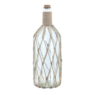Bottle message with cork decorated with rope, made of glass     Size: H: 38cm    Color: transparent