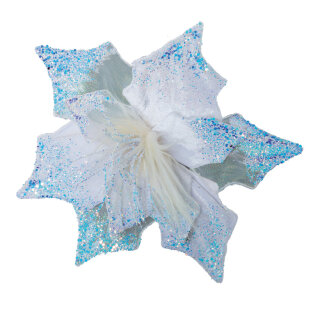 Blüte glitzernd, mit Befestigungs-Clip, aus Styropor & Kunstseide Größe:32cm,  Farbe: weiß/irisierend