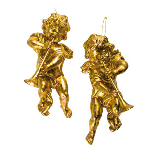 Weihnachtsengel im 2er-Set, mit Trompeten & Hänger     Groesse: H: 27cm    Farbe: gold
