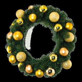 Pine wreath decorated w. different kinds of baubles - Material: 260 PVC-tips - Color: green/gold - Size: Ø90cm