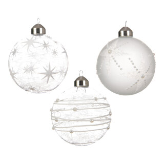 Glass balls 3 designs assorted set of 12 - Material: with organza hanger - Color: transparent/white - Size: Ø 8cm