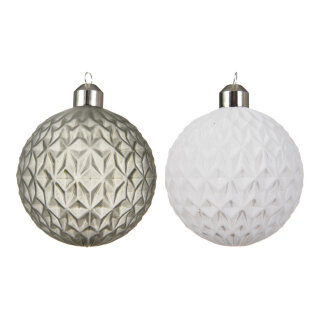 Glass balls with diamond cut & artificial leather hanger - Material: 2 colours assorted - Color: white/grey - Size: Ø 8cm