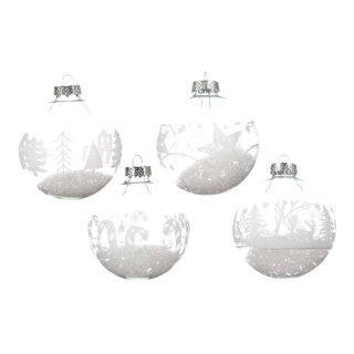 Glass balls filled with artificial snow set of 12 - Material: 4 designs assorted - Color: transparent/silver - Size: Ø 8cm