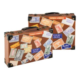 Suitcases »stamps design« 2pcs./set, nested, wood, artificial leather     Size: 36x24x10cm, 40x30x12cm    Color: brown/coloured