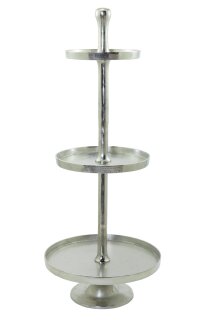 Etagere dreistufig, mehrteilig, aus Alu und Nickel     Groesse: H: 130cm, Ø 60cm    Farbe: silber