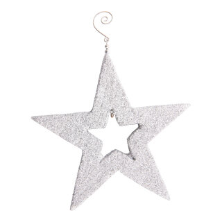 Stern aus Styropor, mit Hänger, mit Glitter     Groesse: 20x20x2cm    Farbe: silber