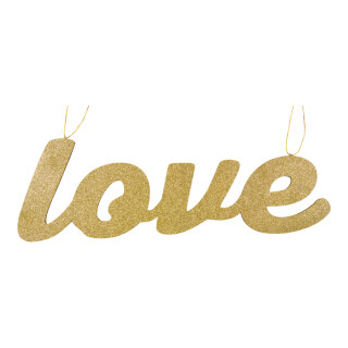 Lettering »love« ouf of wood, flat, with glitter, double-sided, with hanger     Size: 60x20cm, thickness: 7mm    Color: gold