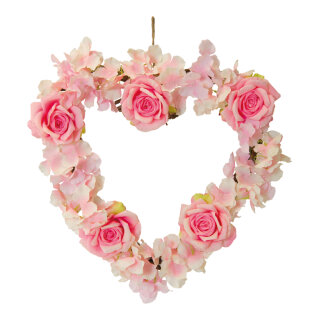 Wreath, heart-shaped out of wooden twigs/artificial silk, one sided decorated with flowers & roses     Size: Ø 48cm    Color: rose/brown