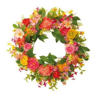 Flower wreath out of plastic/wooden twigs/artificial silk, one sided decorated, Ø inside 36cm     Size: Ø 60cm    Color: multicoloured