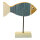 Fish on base plate out of wood/metal, double-sided     Size: 22x20cm, fish size: 20x8,5x2cm, wooden base: 10x6x2cm    Color: blue/white