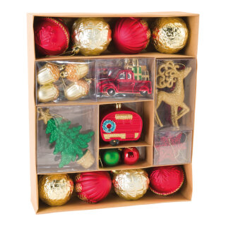 Baumschmucksortiment 60 Stk., aus Kunststoff, sortiert,mit Ornamente, Autos, Rentier, Tannenbaum     Groesse: Ø 3-14cm    Farbe: rot/gold/grün