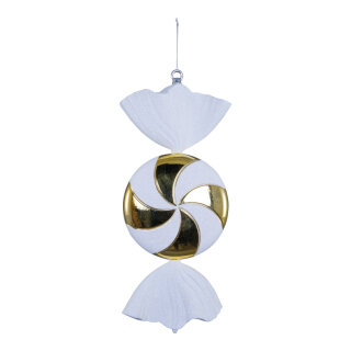 Bonbon aus Kunststoff, rund, flach, beglittert, mit Hänger     Groesse: 47cm    Farbe: gold/weiß