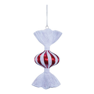 Bonbon aus Kunststoff, beglittert, mit Hänger     Groesse: 15,5cm    Farbe: rot/weiß