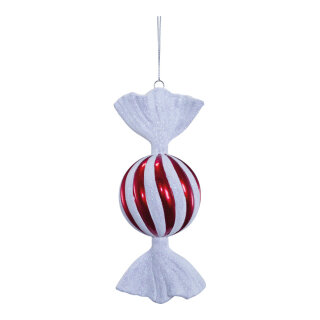 Bonbon aus Kunststoff, rund, beglittert, mit Hänger     Groesse: 17cm    Farbe: rot/weiß