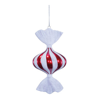 Bonbon aus Kunststoff, beglittert, mit Hänger     Groesse: 17cm    Farbe: rot/weiß