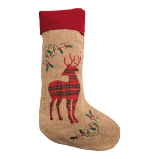 Jute-Weihnachtsstrumpf aus Samt., »Red Tartan Deer« berduckt, mit Hänger     Groesse:52x20cm    Farbe:rot/naturfarben