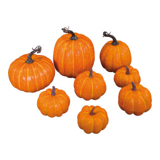 Pumpkins in set 8 pcs. - Material: out of sytrofoam - Color: orange - Size: 1x 13x13x16cm 1x 14x14x14cm 1x 12x12x14cm X 1x 85x85x75cm 2x 85x85x6cm 2x 9x9x85cm