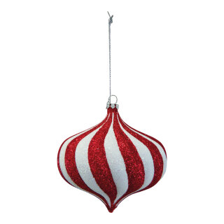 Ornament aus Kunststoff, zwiebelförmig, beglittert, mit Hänger     Groesse: Ø 10cm    Farbe: rot/weiß