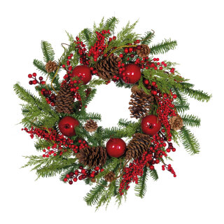 Fir wreath  - Material: out of plastic/styrofoam - Color: green/red/brown - Size: Ø 70cm