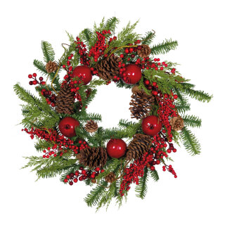 Tannenkranz aus Kunststoff/Styropor, mit Granatäpfeln, Zapfen und Beeren     Groesse: Ø 70cm    Farbe: grün/rot/braun