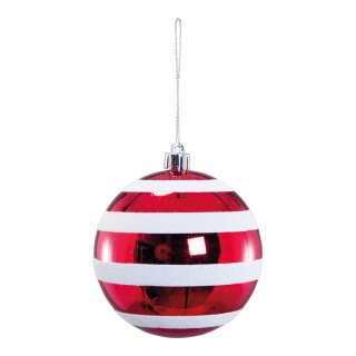 Weihnachtskugel aus Kunststoff, glänzend, mit Hänger     Groesse: Ø 10cm    Farbe: rot/weiß