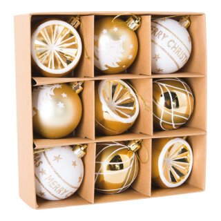 Weihnachtskugeln 9 Stk., aus Kunststoff, Ornamente, im Blister mit Sichtfenster     Groesse: Ø 6cm    Farbe: weiß/gold