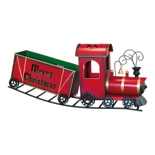 Zug mit 1 Waggon, auf Schiene, aus Metall     Groesse: 77x18x35cm    Farbe: rot/bunt