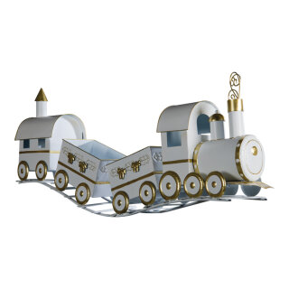 Zug aus Metall, mit 3 Waggons auf Schiene     Groesse: 133x24x52cm    Farbe: weiß/gold