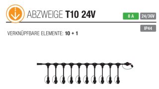 T10-24: schwarzes Kabel, 1m Low Voltage T connecting cable, 10 Low Voltage Output, 8 A, 24V/36V