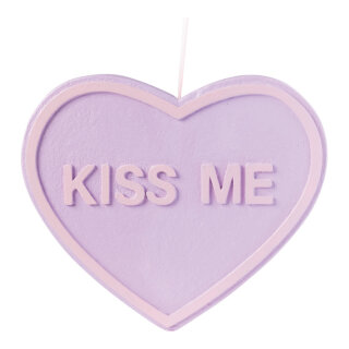 Heart with lettering »KISS ME« out of styrofoam, lettering one-sided, with hanger     Size: 35x40x3,5cm    Color: purple/pink