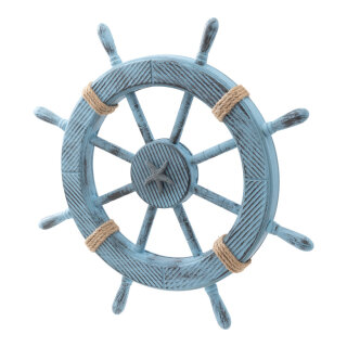 Steering wheel with rope out of wood, with hanging eyelet, one-sided, incl. eyelet     Size: 45x45x4cm    Color: light blue