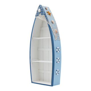 Shelves in shape of boat set of 2 pieces, out of wood/rope, fits into each other     Size: 60x25x10cm, 48,5x20x8,5cm, with 2 insert trays a 20x7,7x0,5cm    Color: blue/white