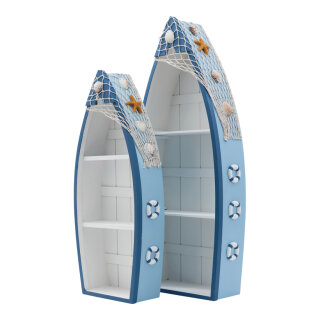 Shelves in shape of boat set of 2 pieces, out of wood/rope, fits into each other     Size: 60x25x10cm, 48,5x20x8,5cm, with 2 insert trays a 20x7,7x0,5cm    Color: blue/white